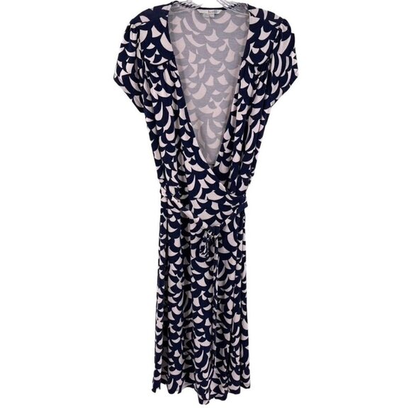 Boden Size 8L Blue White Geometric Wrap Short Sleeve Stretch Midi Dress - Picture 1 of 6